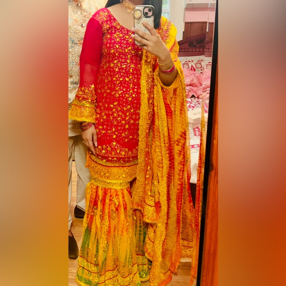 Vibrant Magenta and Yellow Embroidered Dress